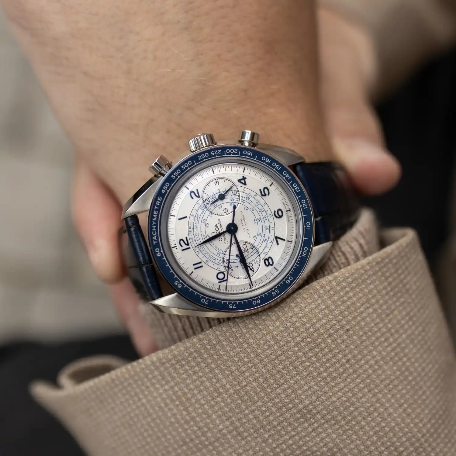 omega chronograph wristwatch with leather strap