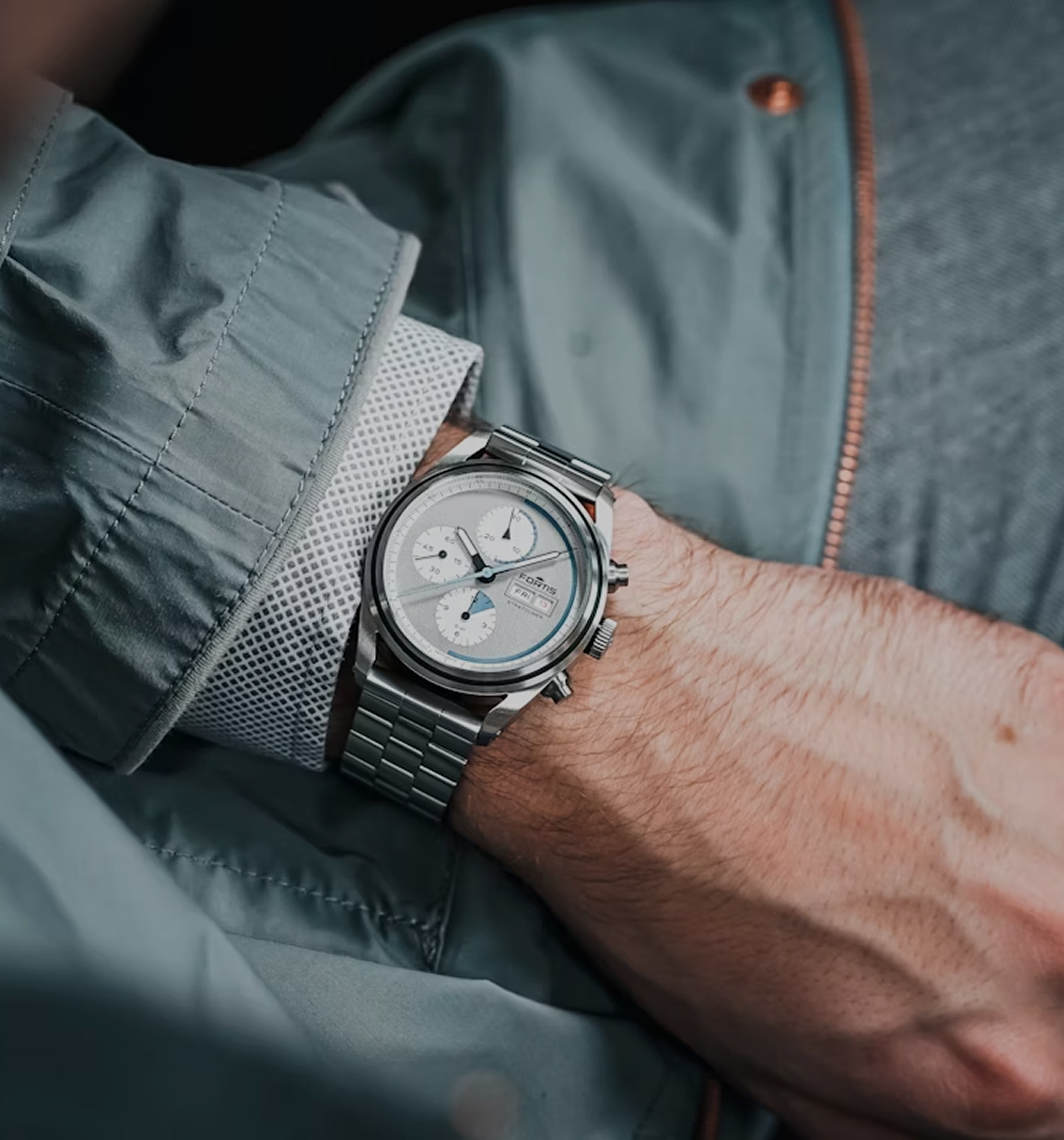 Fortis watch for men featuring a stainless steel chronograph and silver dial